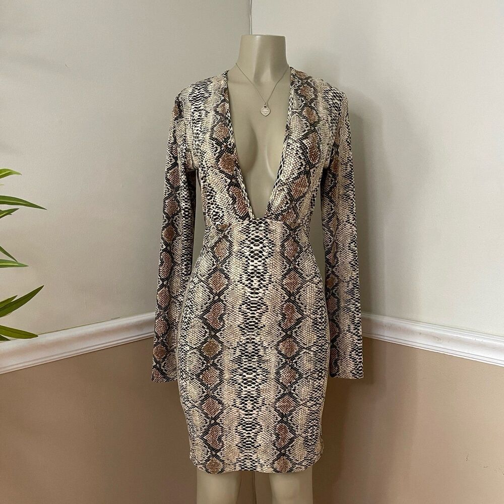 Fashion Nova Women's Daisy Snake Print Deep-V Dress